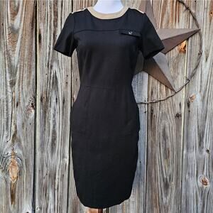 Black Dress Tan Contrast Trim Epaulet Brooks Brothers Size 2 Stretch Knit Pocket